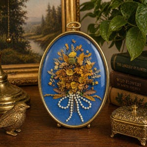 Vintage 1970s Enteberg Germany Pressed Flower Shadow Box Convex Glass Oval Frame Blue Botanical Wall Decor Cottagecore