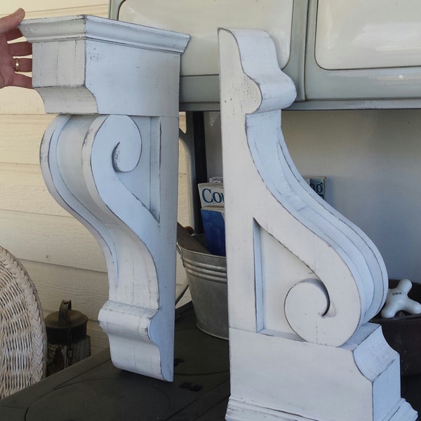 LARGE, Wood Corbels(L), 199.00/PAIR, rustic white, solid wood ,  6”W  x  9”D x  22”H