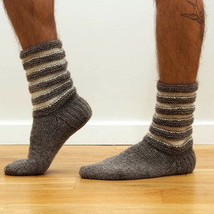 MEN WOOL SOCKS. Striped knit socks. Hand knitted from natural grey sheep wool yarn. Great present for him. Eco friendly socks. Basic socks