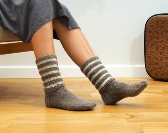 WOMAN WOOL SOCKS. Striped knit socks.  Hand knitted from natural grey sheep wool yarn. Great Christmas present. Basic socks. Eco friendly.