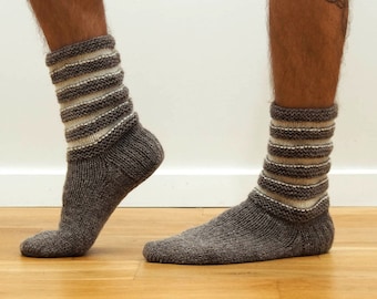 MEN WOOL SOCKS. Striped knit socks. Hand knitted from natural grey sheep wool yarn. Great present for him. Eco friendly socks. Basic socks