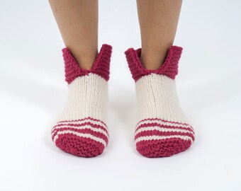 Wool slippers. Woman white wool socks. Hand knitted slipper socks. Natural white pink striped wool slippers. Grey slippers with stripes