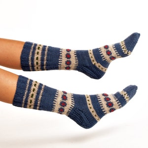 LONG WOOL SOCKS. Woman socks. Hand knitted ornamented socks. Stripped socks. Natural blue wool yarn. Great with boots.