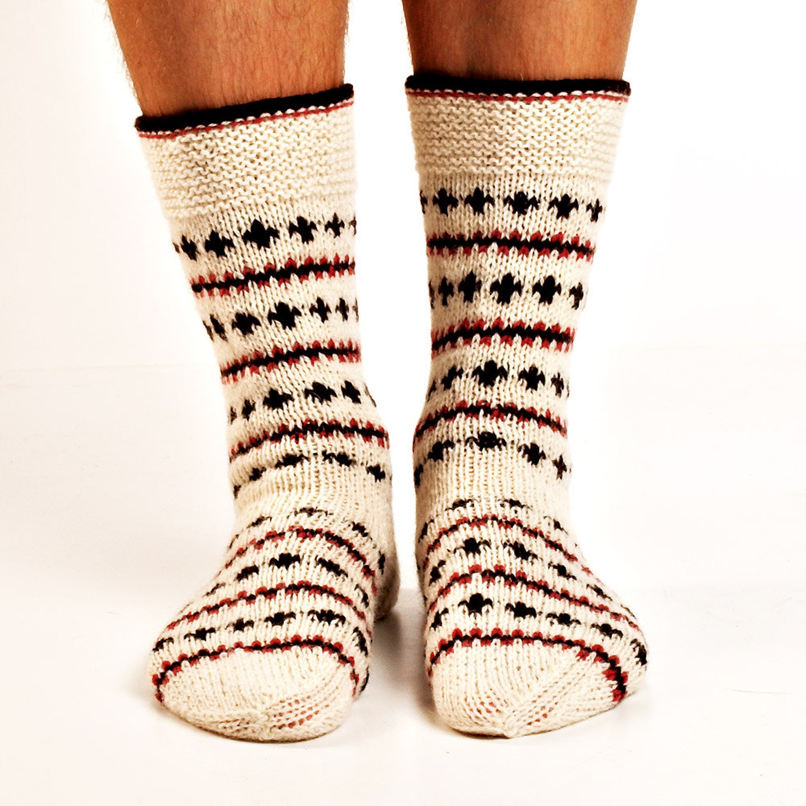 WOOL SOCKS. Men socks. Hand knitted ornamented socks. Natural Etsy