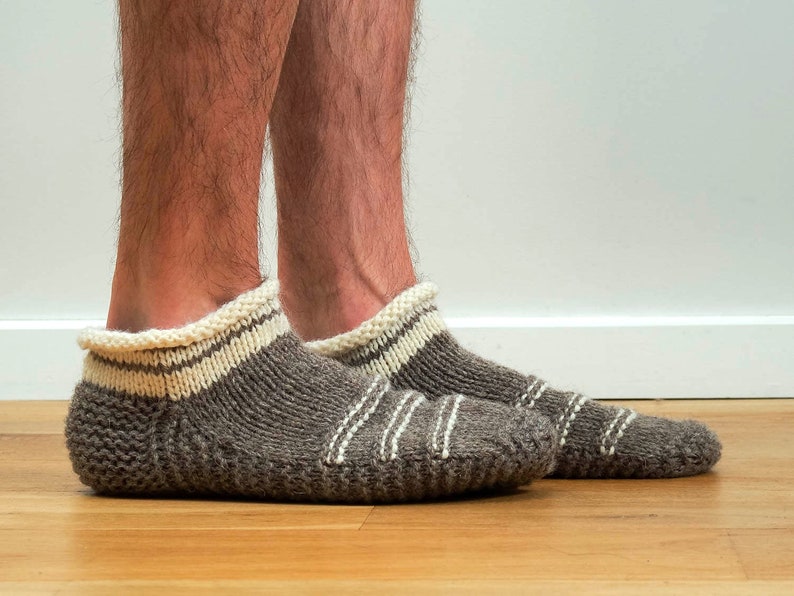 Wool slippers. Men wool slippers. Hand knitted slipper socks. Natural grey wool socks. Striped slippers. Christmas gift. Home slippers. Men image 5