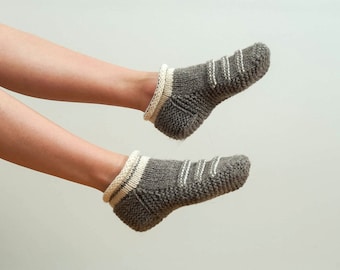 Wool slippers. Woman wool socks. Hand knitted slipper socks. Natural grey wool slippers. Grey slippers with stripes. Christmas gift.