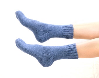 MEN WOOL SOCKS "Touring back roads".  Hand knitted from natural blue color sheep wool yarn. Great for hiking