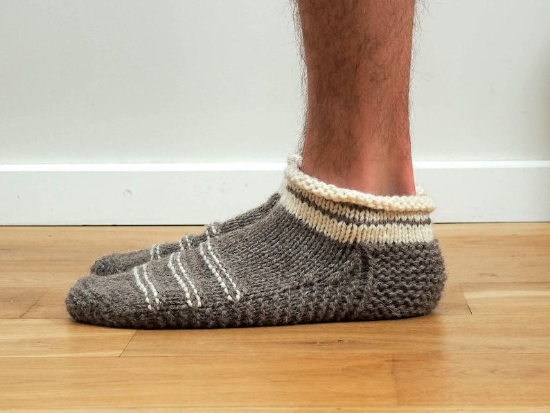 Wool slippers. Men wool slippers. Hand knitted slipper socks. Natural grey wool socks. Striped slippers. Christmas gift. Home slippers. Men image 3