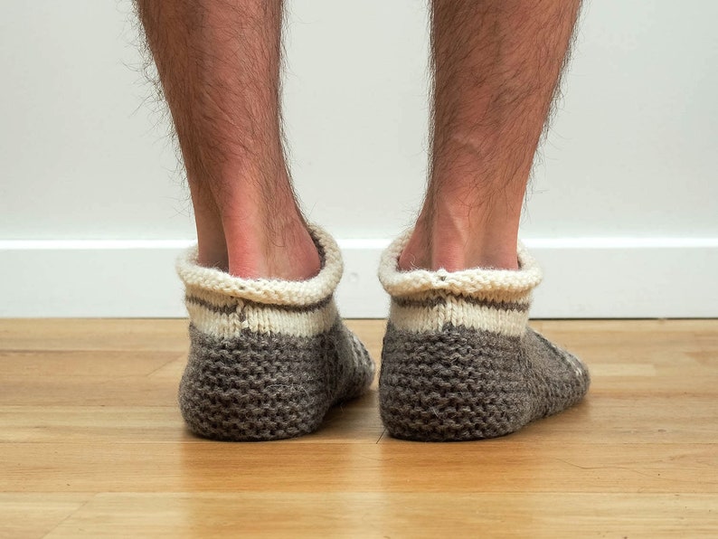 Wool slippers. Men wool slippers. Hand knitted slipper socks. Natural grey wool socks. Striped slippers. Christmas gift. Home slippers. Men image 4