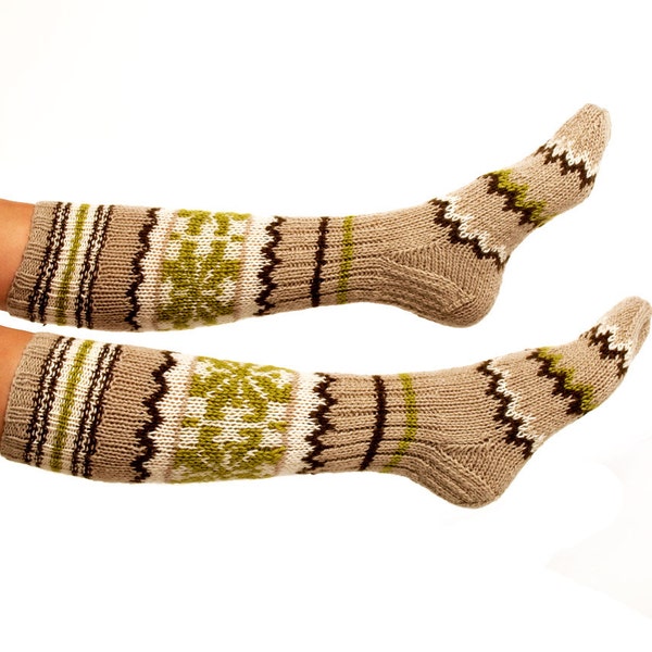 LONG SOCKS "Ornamented treasure" Hand knitted from natural sand color wool yarn. Great to wear with boots.