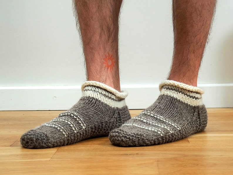 Wool slippers. Men wool slippers. Hand knitted slipper socks. Natural grey wool socks. Striped slippers. Christmas gift. Home slippers. Men image 2