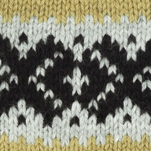 May include: Close-up of a knitted fabric with a black, white, and brown pattern. The fabric has a textured, fuzzy surface.