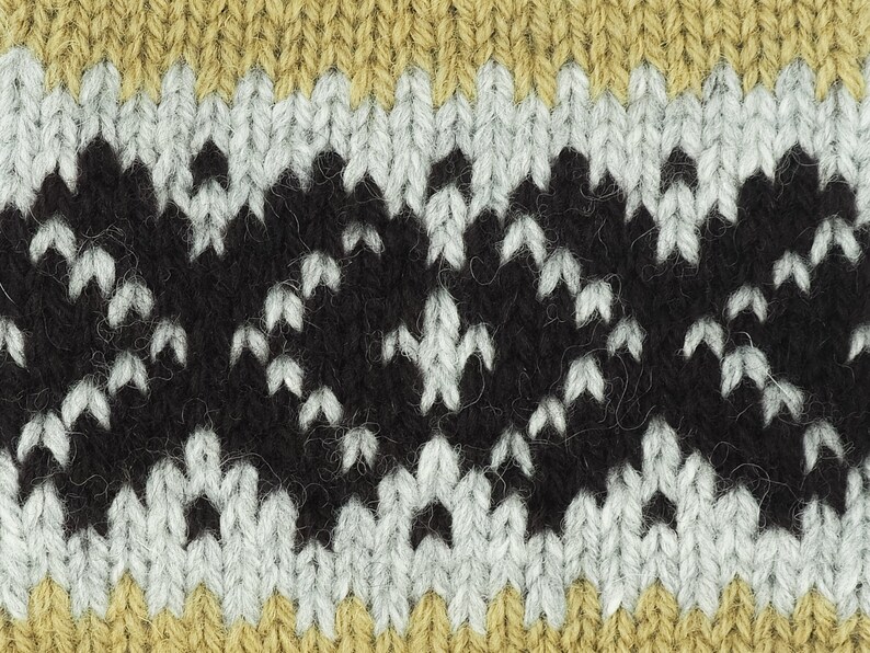 May include: Close-up of a knitted fabric with a black, white, and brown pattern. The fabric has a textured, fuzzy surface.