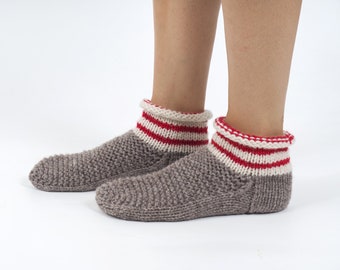 Wool slippers. Woman wool socks. Hand knitted slipper socks. Natural grey wool slippers. Grey slippers with red stripes. Christmas gift.