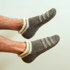 Wool slippers. Men wool slippers. Hand knitted slipper socks. Natural grey wool socks. Striped slippers. Christmas gift. Home slippers. Men image 1