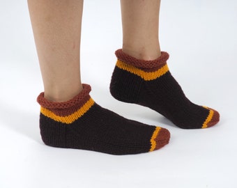 Wool slippers. Woman wool socks. Hand knitted slipper socks. Natural dark brown chocolate yellow stripe slippers