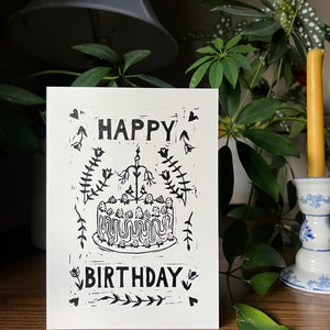 Linocut Strawberry Cake Birthday Card