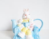 Fairytale rabbit teapot, porcelain tea pot with rabbit family, easter bunny pitcher, figural decorative pot, little girls tea party, kitchen