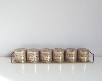 Vintage metal spice rack with 6 small round containers, metal tin boxes, craft cabinet, Japanese style, wall hanging decor, kitchen storage