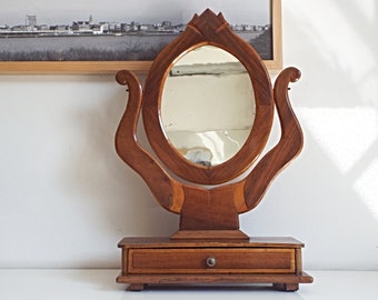 miroir de courtoisie antique vintage, miroir sur pied en bois avec étagère à tiroirs pour bijoux, accessoire de dressing, petits meubles, décoration