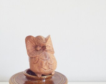 Vintage small owl, handmade figurine, hand painted bird, wooden folk art, wooden statue, owl collectors, home decor