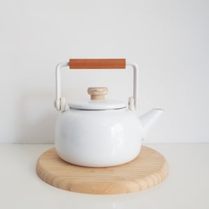 Vintage Danish Enamel Teapot: Scandinavian White Kettle, Wooden Handle