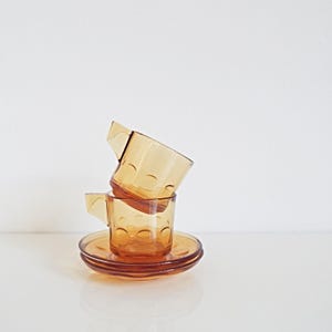 Yellow small glass coffee cups, set of 2 amber espresso mugs, vintage '70s glassware, cups with saucers, tableware, coffee lover gift