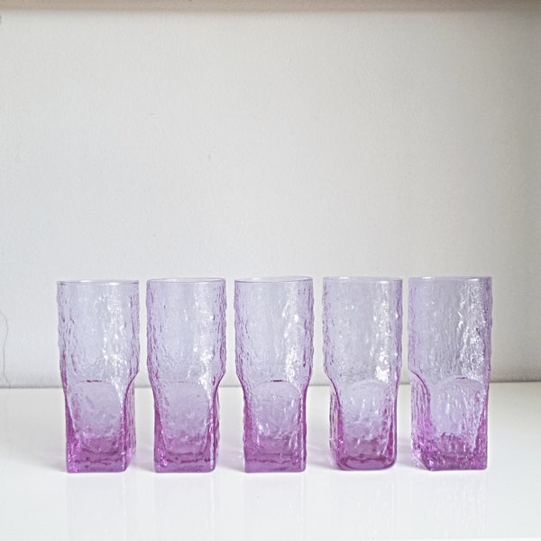 Set/ 5 water glasses, Alexandrite highball glasses, Neodymium glass tumbers, purle color glassware, 1970s Space Age post-modern style