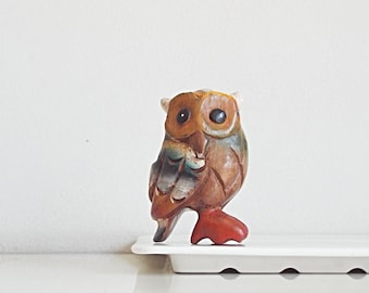 Vintage small wooden owl, handmade figurine in wood, bird folk art, hand curved statue, home decor