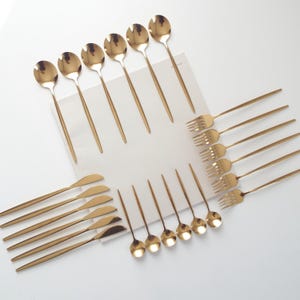 Vintage &#39;70s style flatware, 24 pc stainless cutlery set, forks spoons knives and tea spoons, minimal modern kitchenware dinnerware