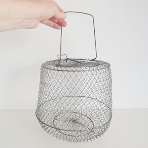 Cesta de pescado de alambre de metal vintage, cesta plegable para pececillos, jaula de metal de malla plegable, estilo náutico, cesta para guardar huevos