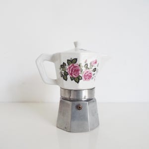 Italian Porcelain Espresso Maker: Vintage Pink Roses Kitchen Decor