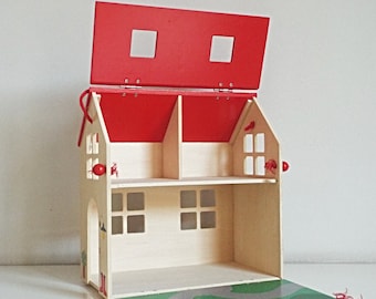 Vintage small dollhouse, kids toy in wood, wooden doll house with red roof, dollhouse dolls suitcase, wooden box