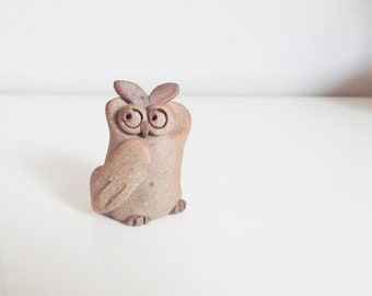 Vintage small owl, handmade figurine, bird, studio pottery, folk art, stone clay statue, home decor