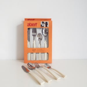 Vintage Abert flatware, 24 pc cutlery, Abert Italy, knives spoons forks and small spoons, stainless steel and white, plastic handles, new