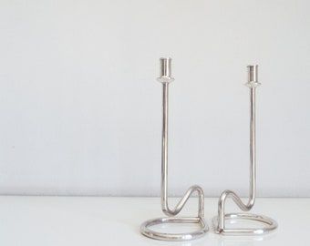 Set of 2 candlesticks holders, pair Mid Century modern silver  candle holders, home decor, made in Italy, 1960s design