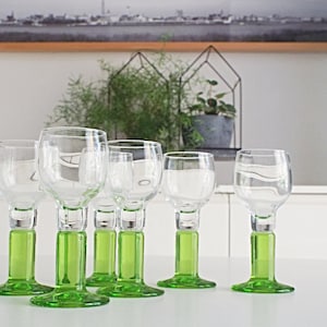 Shot glasses with green stem, set of 6 glass shooters, green footed glasses, Italian glassware from 1970, liqueur grappa limoncello