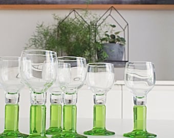 6 Vintage shot glasses with stem, glass shooters, green clear glass, glassware from 1970, made in Italy, drink barware, liqueur limoncello