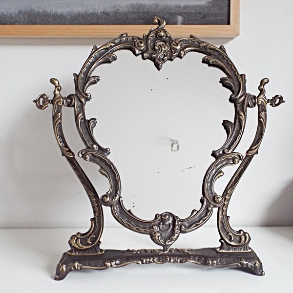 Antique big table mirror, vanity mirror style Victorian, classic brass vanity swivel mirror, freestanding dressing mirror