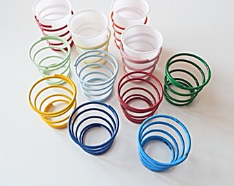 Vintage 1980s spiral cup holders, glass holders, '80s drinkware party, wire metal colored spirals nice as small plant pot holders