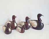 Handmade duck family with mother of pearl decorations and copper fittings, wooden sculptures, handcrafted ducks, animal table decoration