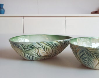 Small green bowls, ceramic terracotta pottery, oval avocados handpainted set of 2 bowls, kitchen storage, handmade bowls