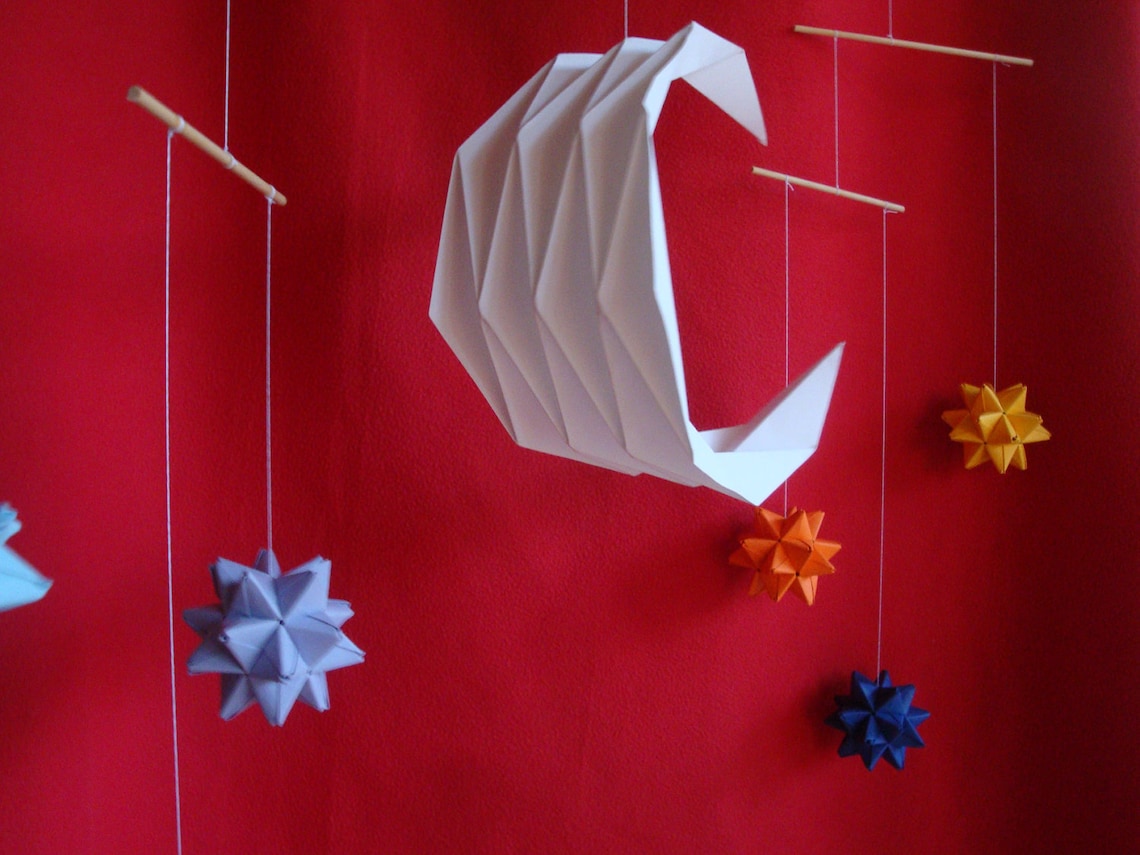 Origami Mobile Moon With Six Stars Etsy