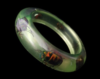 1960s Lucite Beetle Bangle | 60s Vintage Translucent Green Insect Bracelet