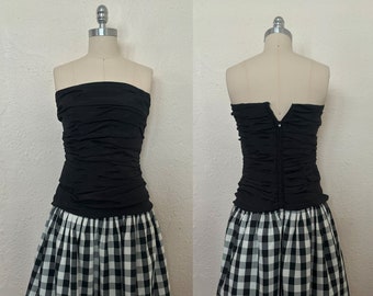 1980s Black and White Dress, Extra Extra Small to Extra Small | 80s Vintage Gingham Strapless Dress (XXS, XS, 32-26-32)