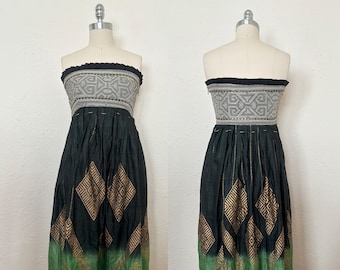 2000s Blue & Green Silk Dress by Diane von Furstenburg, Extra Small to Small | Y2K Millennial DVF Strapless Sundress (XS, S, 35-32-39)