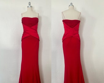 2000s Danes NYC Red Silk Chiffon Gown, Extra Small to Small | Y2k Vintage Crimson Corseted Satin and Mermaid Evening Dress (XS, S, 34-24-38)