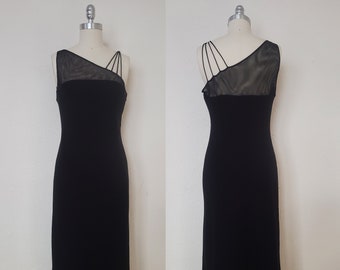 1990s Black Asymmetrical Dress by Evan-Picone, Small to Medium | 90s Black Midi Dress (S, M, 36-34-40)