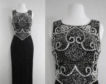 1980s Black Evening Dress, Small to Medium | 80s Vintage Pearl and Silver Beaded Dress (S, M, 36-30-39)