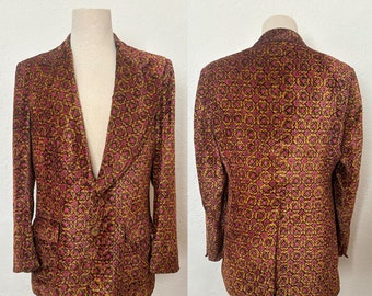 1960s Pink, Yellow, and Brown Tapestry Jacket by Esquire | 60s Vintage Mauve and Mustard Floral Velour Blazer (40 Chest)